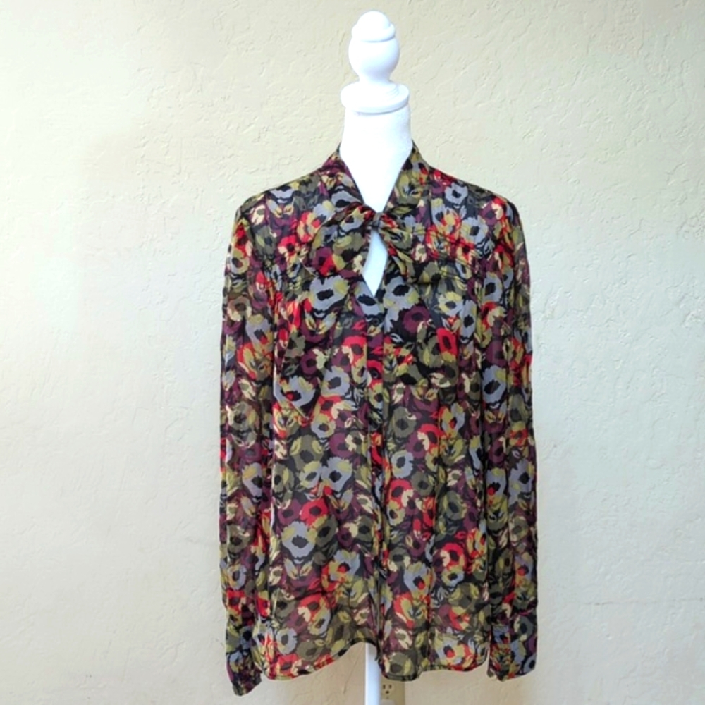 hinge Silk Peony Party Print Semi Sheer Long Sleeve Tie Neck Blouse Size Small